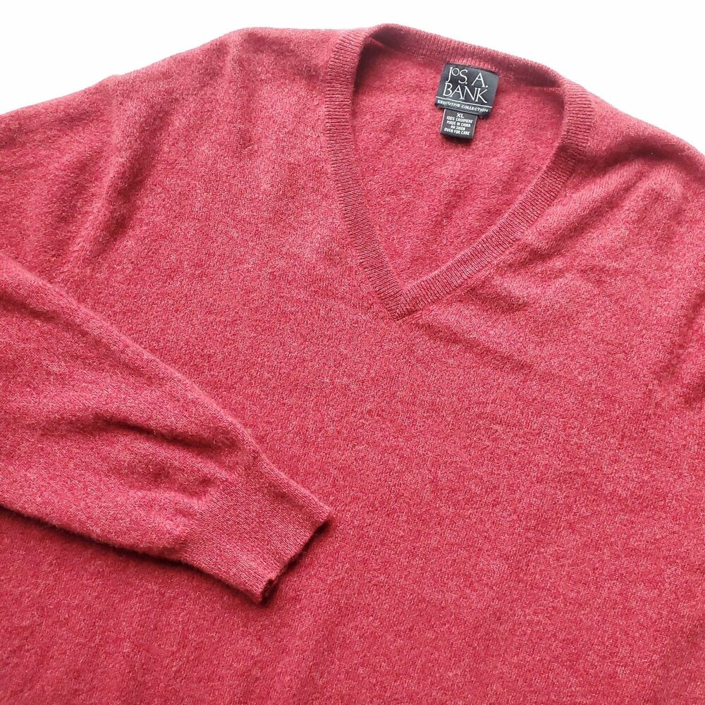 Jos A Bank 100% Cashmere Sweater Mens XL Red V Neck Pullover Soft Holiday Preppy